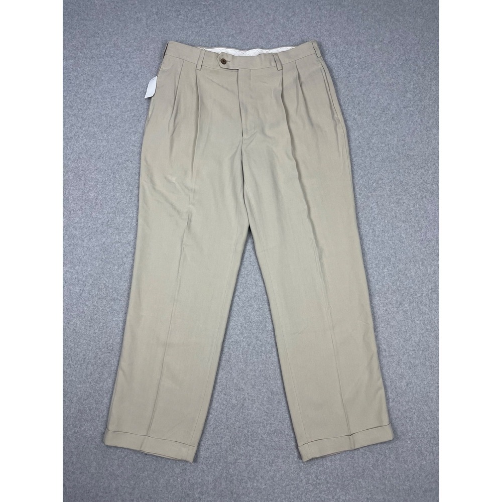 Jos A Bank Dress Pants Mens 35x30 Khaki 100% Silk Pleated Cuffed Trousers